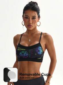 Women's Fashion Solid Color Letter Print Removable Padded Racerback Sports Bra - Multicolor - View 1