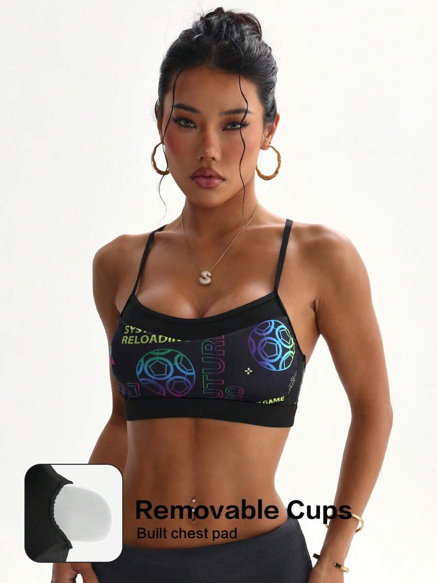 Women's Fashion Solid Color Letter Print Removable Padded Racerback Sports Bra - Multicolor - View 1