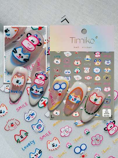 1 Sheet Cartoon Animal Theme Nail Art Stickers, Featuring Cute Designs Of Puppies, Kittens, Bears, Pigs, Rabbits, Monkeys And More, Adorable Expressions, Suitable For Creating Lively And Playful Manicure Styles