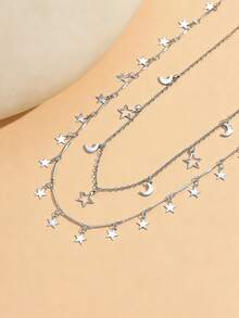 2 Stück/Set Stern & Mond Quaste Anhänger Halskette, modische zweischichtige Choker Halskette, handgefertigte verstellbare Länge Halskette geeignet für den täglichen Gebrauch, Dates und Fotoshootings - Silber - Übersicht 3