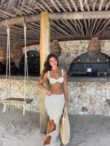 Bộ bikini 3 mảnh màu trắng, thanh lịch, gợi cảm, thích hợp cho kỳ nghỉ biển, hẹn hò, tiệc tùng, phong cách thường ngày, gồm áo quây có đệm và chân váy maxi in họa tiết ombre. - Nhiều màu - Xem 7