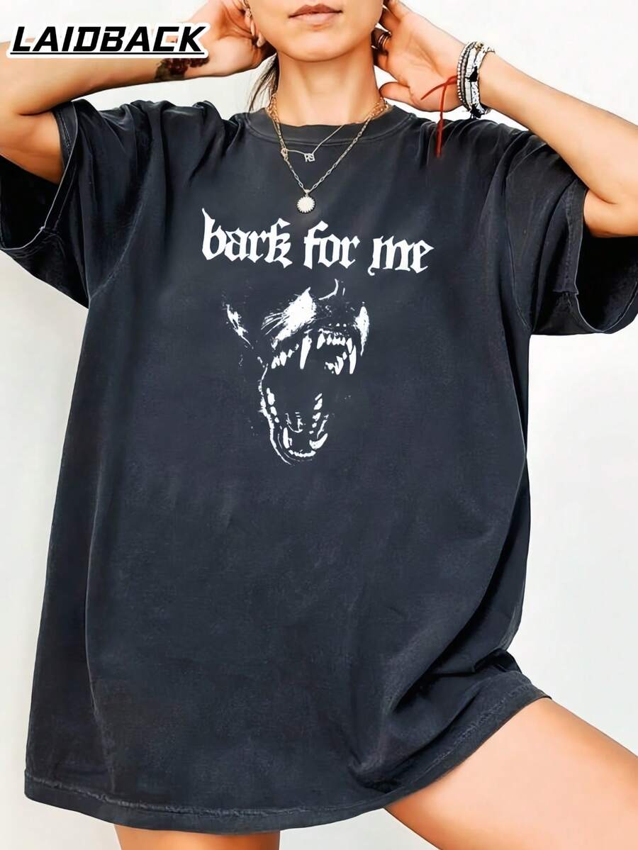 LAIDBACK "Bark For Me" Graphic Print Oversized T-Shirt, Unisex Short Sleeve Crew Neck Tee, Gothic Aesthetic Top, Vintage Washed Design, Perfect For Edgy Outfits, Music Festivals, Casual Hangouts & Dark Style Fans, Ideal Gift For Gen Z, Trendsetters & Comfort Seekers, Soft Breathable Cotton Fabric, Vintage Black - 黑色 - 查看 1
