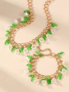 1/2pcs Fashion Sweet Lily Of The Valley & Leaf Necklace Earrings Jewelry Set, Suitable For Daily, Date, Vacation, Party - Yellow Gold - View 3