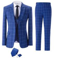 Mens Suit 4 Piece Suit Plaid Double Breasted Formal Business Wedding Prom Suit Male Groom, Blazer+Vest+Pant - Royal Blue with Tie - 查看 2