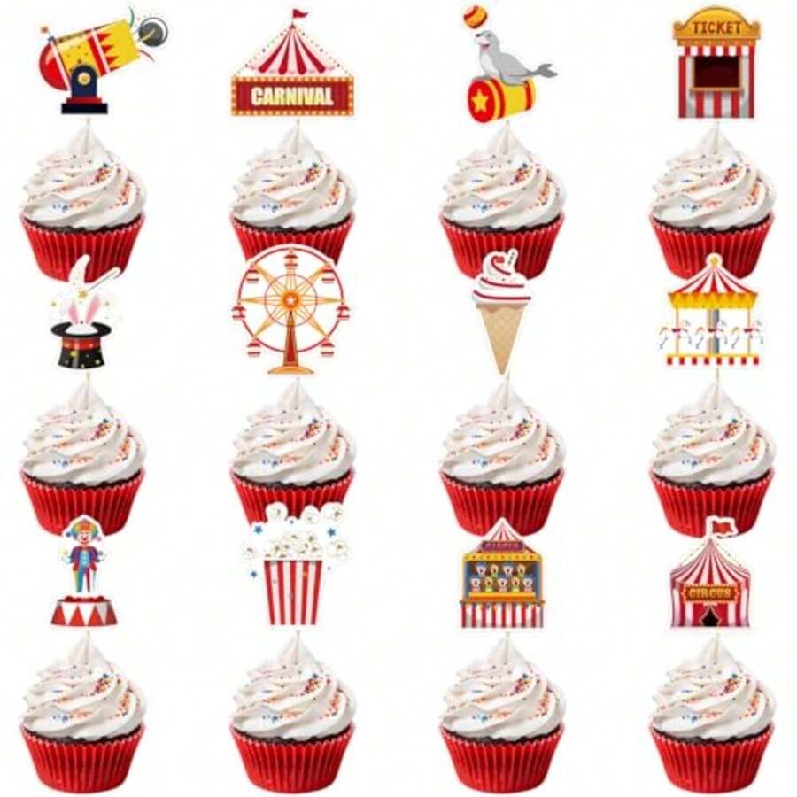 48 Pack Circus Cupcake Toppers Circus Tent Clown Hat Trick Cupcake Picks For Carnival Theme Party Baby Shower Birthday Party Decoration Supplies - Travel - View 1