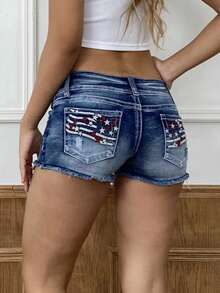 Women's Casual Distressed Denim Shorts With Unique American Flag Pattern And Frayed Hem, Sexy Boho Style Short Design Summer - Medium Wash - View 5