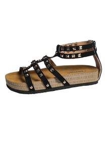 Men's Gold Studded Roman Sandals, Thick Sole Open Toe Summer Casual Shoes - Black - View 9