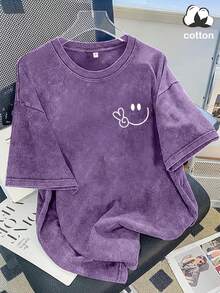 Vintage Washed Cotton Loose-Fit T-Shirt, Cute  Face And Heart Print, Women's Casual Street Style Short-Sleeve Top, Wrinkle-Resistant Washed Cotton T-Shirt - Purple - View 7