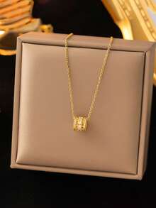 RAYQUEEN 1pc Stainless Steel Chain With Cubic Zirconia Round Pendant Necklace, Suitable For Daily Wear - Yellow Gold - View 6