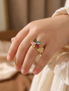 1pc Casual, Interesting, Elegant, Luxurious Gold Stainless Steel Small Flower Butterfly Zirconia Ring Set, Suitable For Children, Students, Decoration, Party, Holiday Gift - Gold - View 2