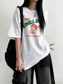 Japanese Style Women's Loose Round Neck Short Sleeve Letter & Cartoon Print T-Shirt, Spring/Summer - White - View 2