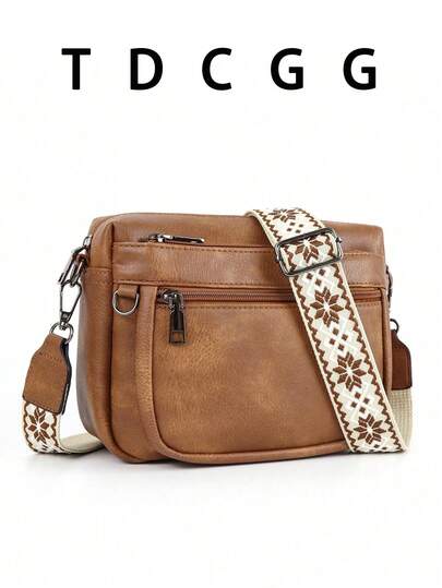 1 pezzo Borsa a tracolla/a croce in pelle PU marrone vintage con tasche multiple, cinturino largo, cerniera, borsa quadrata piccola, adatta per uso quotidiano e casual per le donne