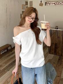 Off-Shoulder Ruched Cropped Camisole Top, Stylish Design, Slim Fit, Flattering For Summer - White - View 5