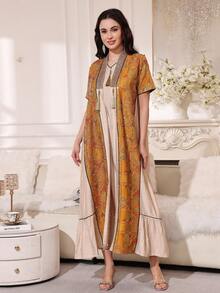 2026 New Style Ramadan Traditional Elegant Embroidered Beaded Dress With Tassel Trim, Short Sleeve Jalabia Dress - Apricot - View 8