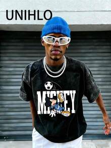 Disney UNIHLO  Mickey   Printed Summer Heavyweight Retro Washed Street Fashion Casual T-Shirt - Black - View 2