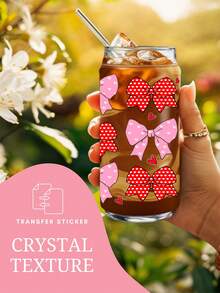 4件套法国斗牛犬蝴蝶结UV DTF转印贴纸，适用于16盎司Libbey玻璃杯（9.4x4.3英寸），可爱法斗犬泰迪熊红色粉色丝带防水包装纸，情人节DIY贴纸，无需加热 - Valentine 002 - 查看 2