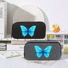 美丽的浅蓝色蝴蝶图案大容量铅笔盒，便携式文具包，旅行洗漱包，铅笔筒，马克笔和钢笔收纳盒，化妆包，办公桌收纳包，可水洗文具礼盒套装，返校必备办公用品 - 多色 - 查看 9