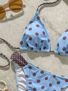 Bộ bikini chấm bi cổ điển dành cho nữ, màu xanh dương, đồ bơi thể thao, trang phục thường ngày/đi club/thanh lịch, phù hợp cho tiệc bể bơi, kỳ nghỉ, lễ hội âm nhạc, từ thành phố ra biển, phong cách Bohemian, kỳ nghỉ biển mùa xuân/hè 2023. - xanh nâu - Xem 4