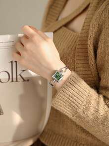 BIDEN 1 件女士手表，复古奢华银色手镯式手表，时尚简约优雅石英表，适合日常佩戴，女士礼物 - 綠色 - 查看 2