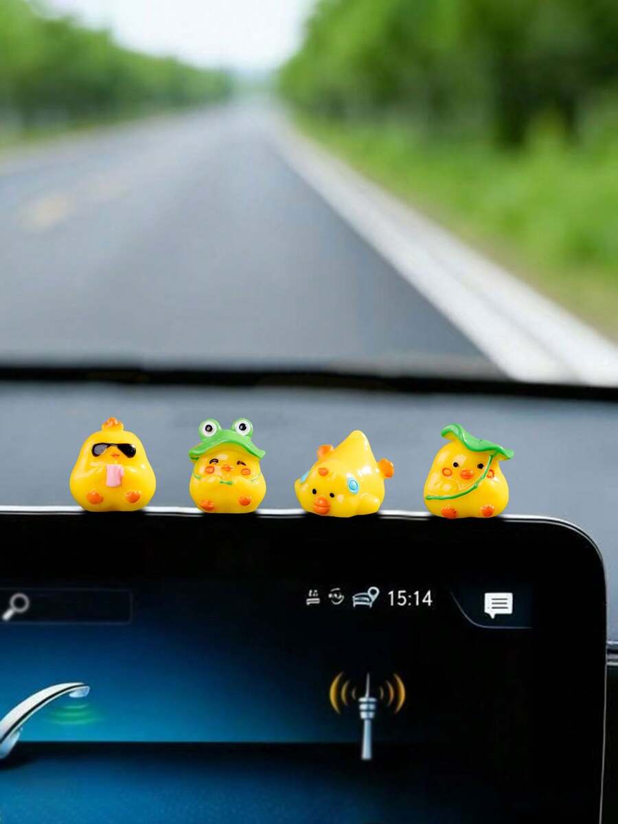4pcs Cute Solid Color Mini Chicken & Lotus Leaf Micro Landscape Decor, Car Interior Dashboard Computer Screen Ornament, DIY Decorative Accessories - Fun Chick - View 1