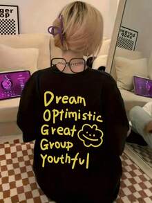 女士宽松圆领短袖字母印花T恤，春夏款 - 黑色 - 查看 2