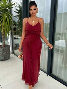 AIJ Amarilo Sexy Ruffled Tiered Backless Dress - Spaghetti Strap Sleeveless Summer Dress For Valentine's Day Gatherings & Getaways - Burgundy - View 2