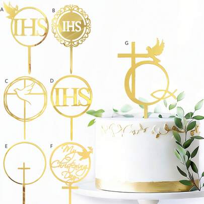 1pc/3pcs/6pcs Gold Mirror Acrylic Cross Dove IHS Baptism Cake Toppers,For Baptism Communion Theme Party DIY Cake Dessert Decoration Supplies