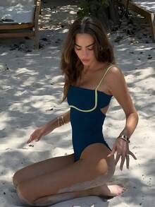 Hàng mới về, bộ jumpsuit liền thân màu xanh navy phối tương phản gợi cảm, chất liệu co giãn cao, thích hợp mặc đi biển, dự tiệc hoặc các dịp đặc biệt dành cho nữ. - Màu xanh hải quân - Xem 7