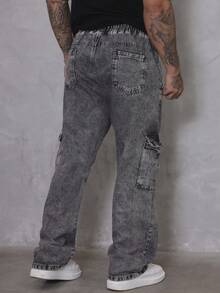 Men's Marbled Cargo Jeans, Wide Leg, Side Pocket, Streetwear - 煙灰色 - View 8
