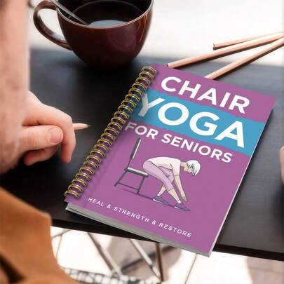 DANPERJI 1pc 5.5x8.3 In Elderly Chair Yoga Exercise Notebook Senior-Friendly Workout Planner Notebook With Illustrated Poses, Progress Tracking & Weight Loss Journal For Home Gym, Office Chair Yoga, Strength Training & Restore Routine - Ideal For Seniors