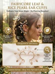 1pair Fairycore Leaf & Faux Pearl Decor Ear Cuffs, Gold Tone Filigree Elf Ear Clips For Women No Piercing Required, Elegant Gold Leaf Wrapping Ear Crawler Hook Earrings, Boho Bridal Wedding Party Jewelry For Brides & Cosplay,Summer,Jewellery,Festival,Accessories - Gold - View 3
