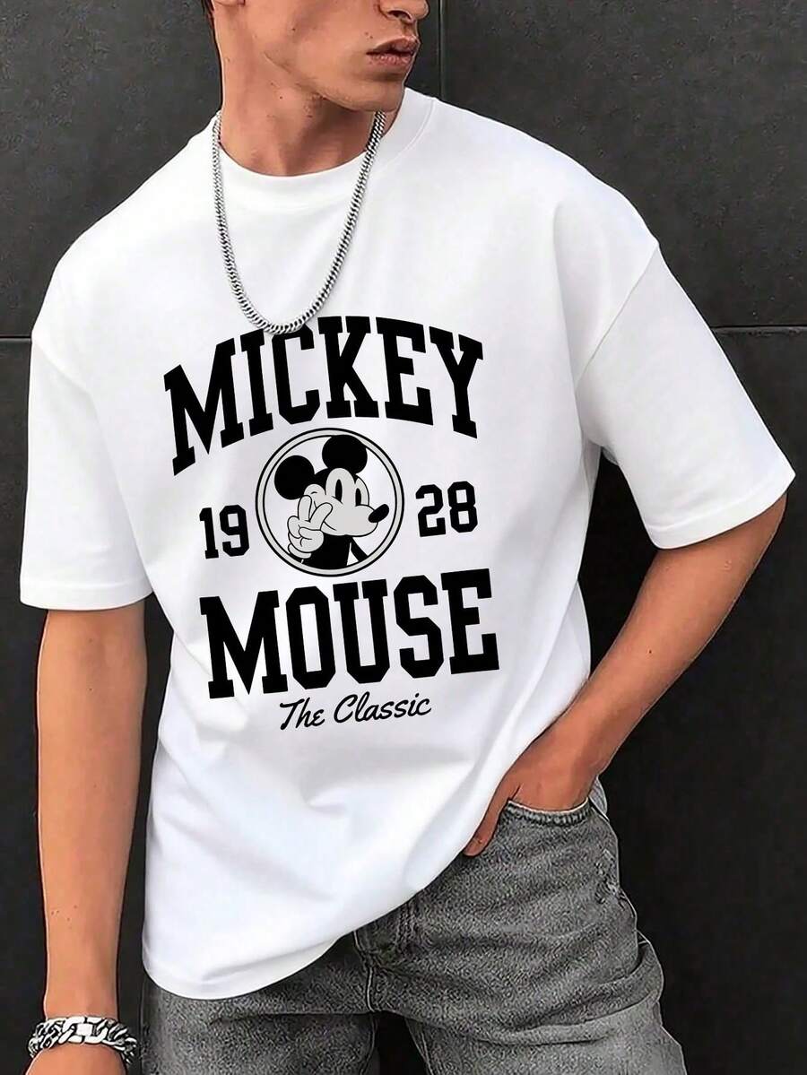 Men's Disney Casual T-Shirt, "Mickey Mouse 1928 The Classic" Print, Vintage Varsity Design, Comfortable Soft Fabric, Perfect For Disney History Fans - White - View 1