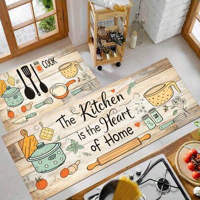 1pc Kitchen Mat, Text & Graphic Pattern, Non-Slip Polyester Drainage Mat, Suitable For Kitchen, Living Room, Entrance, Balcony, Home Decor, Stain Resistant, Coffee Shop, Bar, Holiday, Party, Bedroom, Bathroom Decor