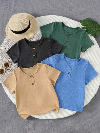 4pcs Boys' Solid Color Loose Knit Cotton Short Sleeve T-Shirt Set, Suitable For Daily And Outdoor Wear In Summer, Casual Crew Neck Top, Breathable Fabric, Soft Touch, Boys' T-Shirt, Children's T-Shirt Set