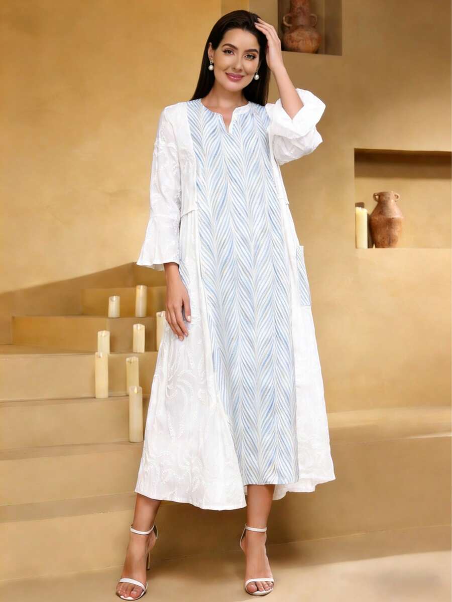 2026 New Style Ramadan Traditional Elegant Allover Print V-Neck Pocket Dress, Graceful Arabic Women Clothing JALABIA