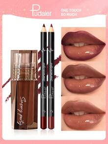 Pudaier 3 PCS Hydrating Lip Gloss & Lip Liner Set Lip Combo - Define Our Lips With 3D Precision Achieve Dewy Look For Any Occasion Perfectly Versatle For Every Makeup Style - BỘ 3 MÓN - Xem 1