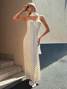 优雅波点无袖长款连衣裙，配颈巾——经典精致的时尚风格，适合约会、周末早午餐、休闲聚会、城市漫步、夏季度假以及简约日常穿着。 - 杏色 - 查看 6