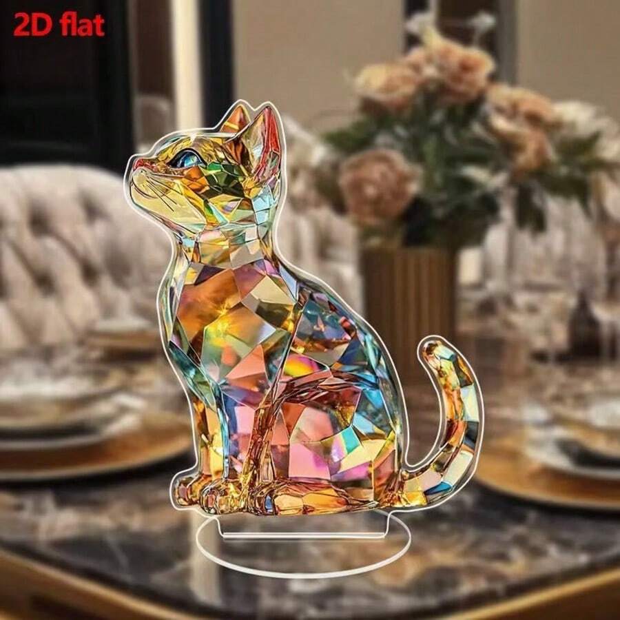2D亚克力猫咪摆件，彩色水晶图案猫咪雕塑，桌面摆件，家居客厅餐桌装饰，可爱动物摆件，彩虹艺术饰品，送给爱猫人士的礼物