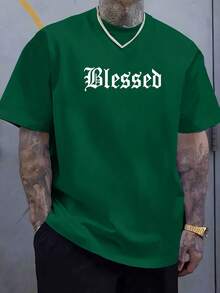 男士夏季美式哥特式文字图案圆领短袖T恤 - 墨綠色 - 查看 3