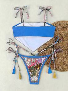新款波西米亚风蓝色花卉印花系带比基尼，优雅休闲性感泳衣，饰以鲜艳花卉印花和撞色滚边，适合海滩、度假、派对等场合。 - 彩色 - 查看 3