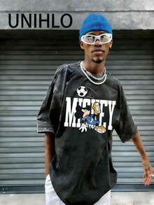 Disney UNIHLO  Mickey   Printed Summer Heavyweight Retro Washed Street Fashion Casual T-Shirt - Black - View 1