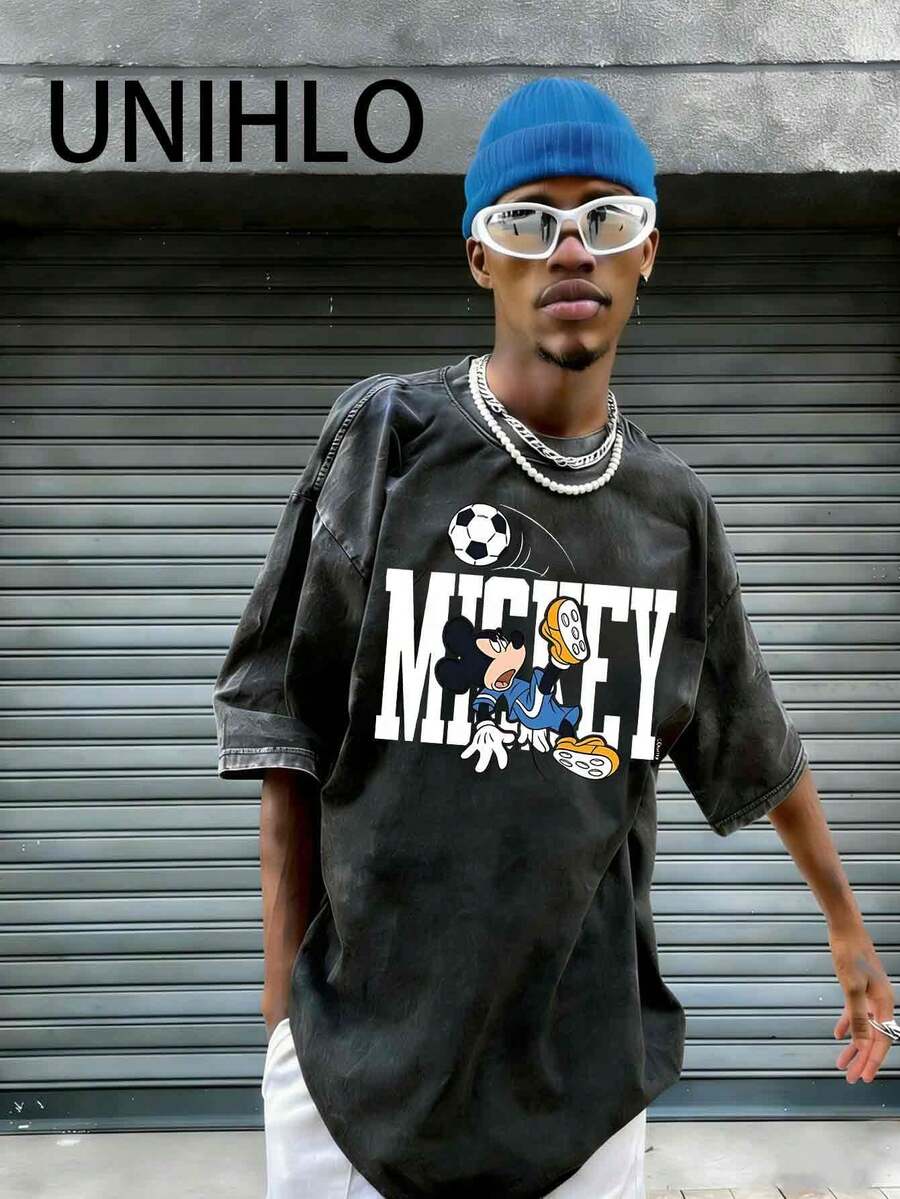 Disney UNIHLO  Mickey   Printed Summer Heavyweight Retro Washed Street Fashion Casual T-Shirt - Black - View 1