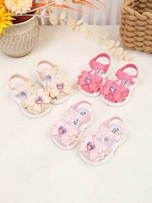 1双米色春夏新款婴儿凉鞋，蝴蝶结爱心时尚闭趾凉鞋，男女童软底舒适魔术贴沙滩拖鞋，适合室内外穿着 - 米色 - 查看 2