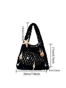 BAILEE Bolso de mano de poliéster de colores de moda con patrón tejido a mano y colgante de océano, adecuado para vacaciones - Negro - Ver 12