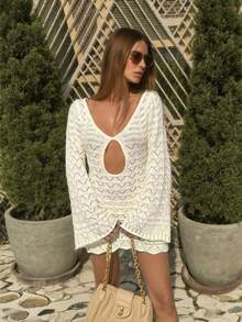 新款夏季女装时尚休闲度假轻薄镂空罩衫连衣裙，性感镂空V领，喇叭长袖，荷叶边下摆，修身短裙，波西米亚风，适合海滩度假、海滩派对、假日旅行、户外活动 - 白色 - 查看 1