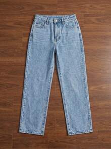 Womens Casual Light Wash Denim Straight Leg Jeans With Pockets And Button Zipper Closure Non-Stretch Long - Light Wash - View 3