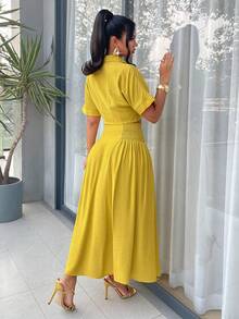 AIJ Amarilo Women's Lemon Yellow 2-Piece Set - Cropped Short Sleeve Top And High Waist Tie Maxi Skirt, Sexy Beach Vacation Outfit, Summer - Mustard Yellow - View 2