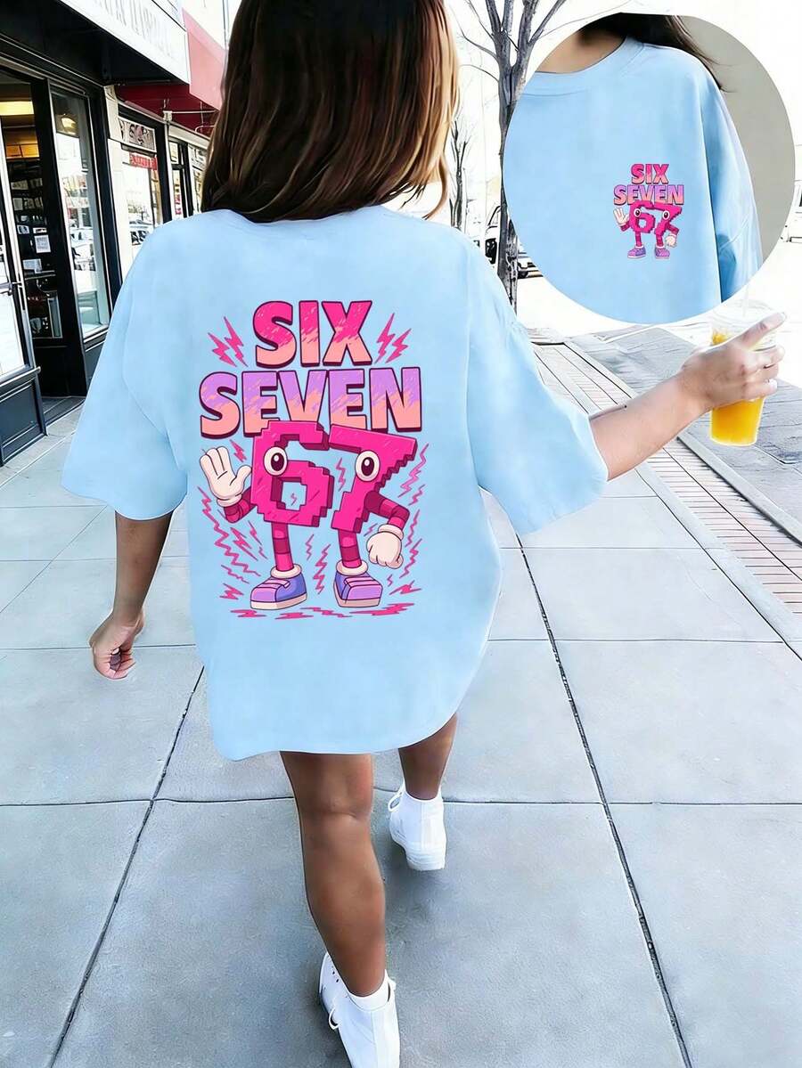 Camiseta rosa con estampado de dígitos coloridos "SEIS SIETE" 6 7 de dibujos animados para niña preadolescente, adecuada para uso diario, estilo callejero, eventos, y como top de verano casual y versátil - Celeste - Ver 1