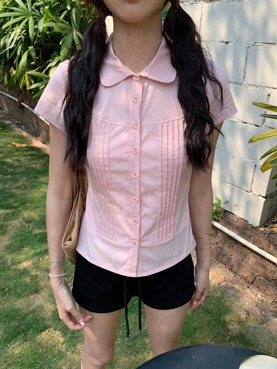 韩版粉色荷叶边短袖T恤,宽松显瘦,百搭翻领上衣,适合春夏穿着 - 粉色 - 查看 1