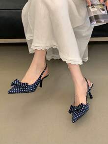 New Bowknot Pointed Toe Satin Kitten Heel Sandals, French Elegant Pumps For Women - Blue - View 3